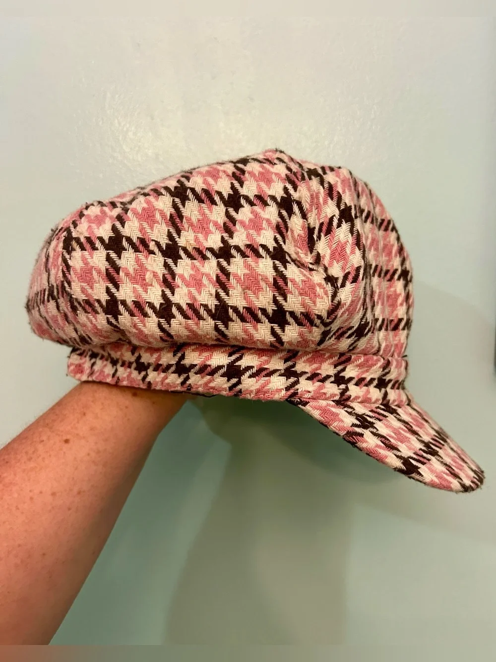 Women's VTG Pink Brown Houndstooth Newsboy Hat Cap Y2K Plaid